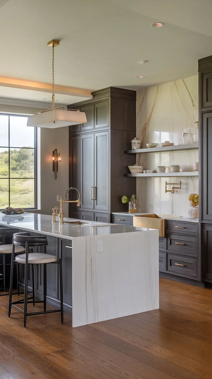 Experience the epitome of luxury kitchens in this modern luxury kitchen.  The elegant kitchen design features striking modern kitchen cabinetry design, a show-stopping marble island, and thoughtful details like the gold sink and pendant lighting.  This space perfectly embodies modern kitchen interiors, offering both style and functionality within a breathtaking setting.