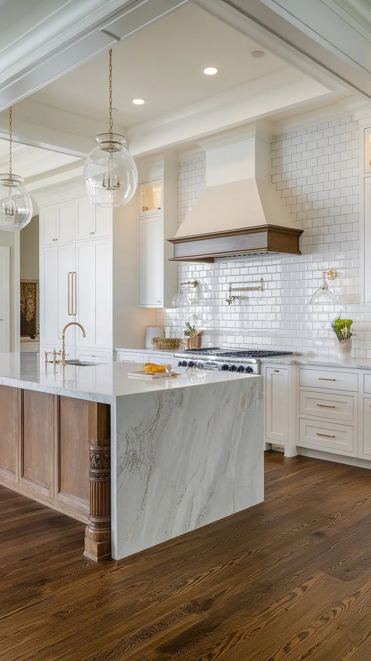 Experience the pinnacle of modern kitchen interiors in this luxury contemporary kitchen.  The exquisite details, from the white subway tile backsplash to the stunning marble countertop, define modern luxury kitchen design.  This space is a true reflection of refined taste and impeccable style in luxury kitchens.