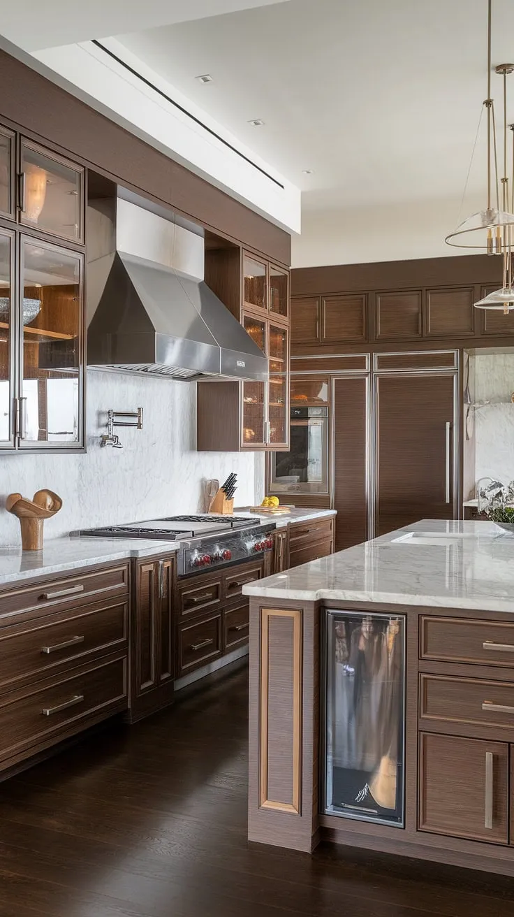 This elegant kitchen design showcases the epitome of modern luxury kitchen living.  The modern kitchen cabinetry design and contemporary features create a space of unparalleled sophistication within these luxury kitchens.
