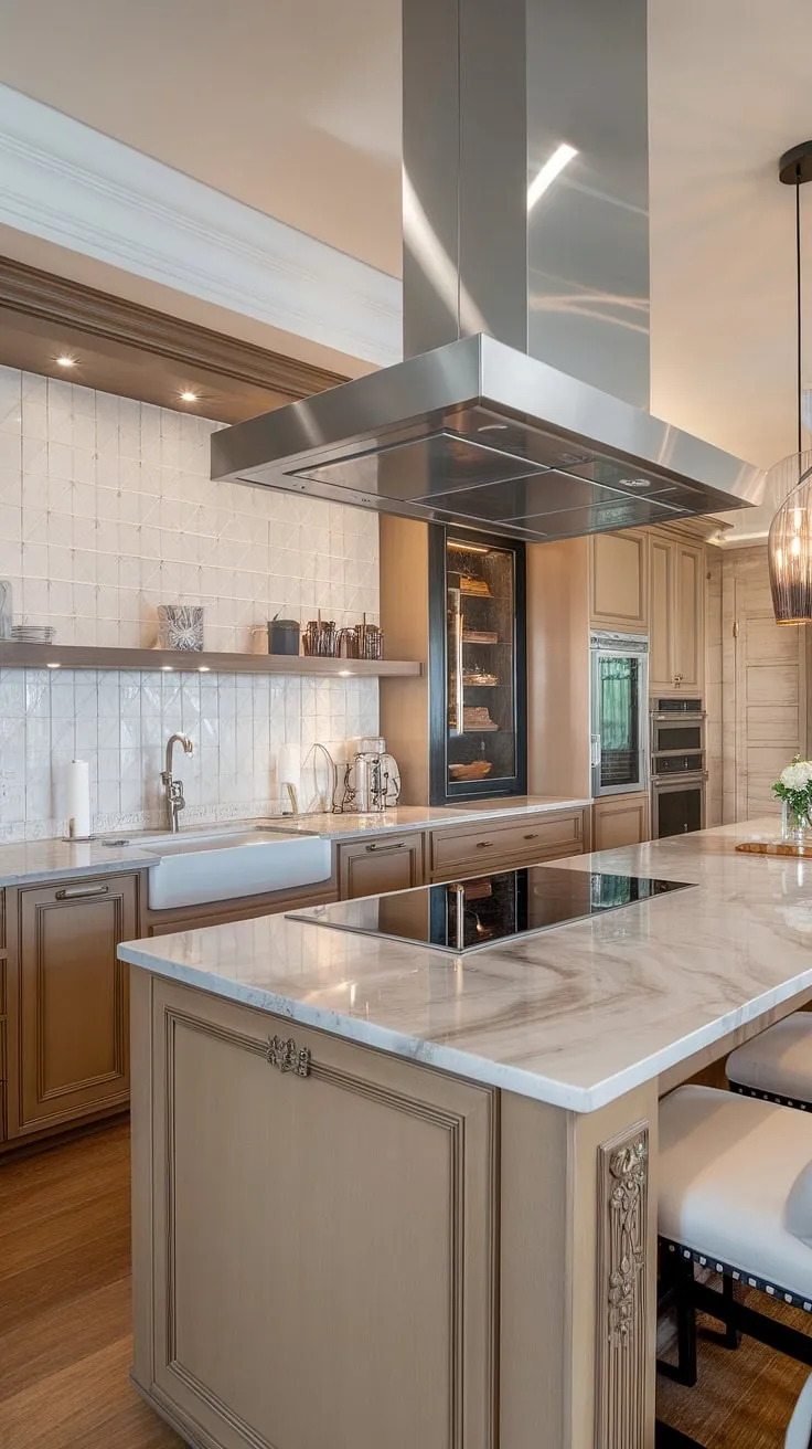 Modern luxury kitchen goals achieved.  This elegant kitchen design showcases the best in contemporary style, from the modern kitchen cabinetry design to the expansive island and statement lighting.  The result? A breathtaking space that epitomizes luxury kitchens and modern kitchen interiors.
