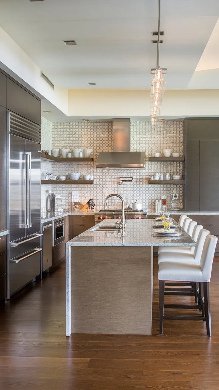 Experience the epitome of modern kitchen interiors in this elegant kitchen design.  The luxury contemporary kitchen boasts sleek stainless steel appliances and a breathtaking marble island, perfectly complemented by the modern kitchen cabinetry design.  A testament to luxury kitchens, this space is pure sophistication.