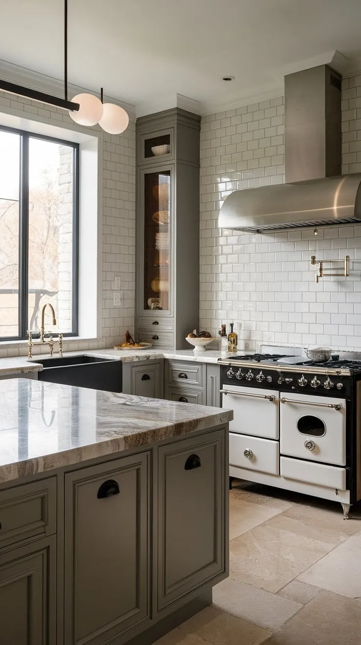 This luxury contemporary kitchen epitomizes modern luxury kitchen design.  The elegant kitchen design, featuring sleek matte black cabinetry and a stunning marble countertop, creates a sophisticated space.  The modern kitchen cabinetry design is perfectly complemented by the white subway tile backsplash and beige tile flooring, showcasing the best in modern kitchen interiors.  This is truly the pinnacle of luxury kitchens.