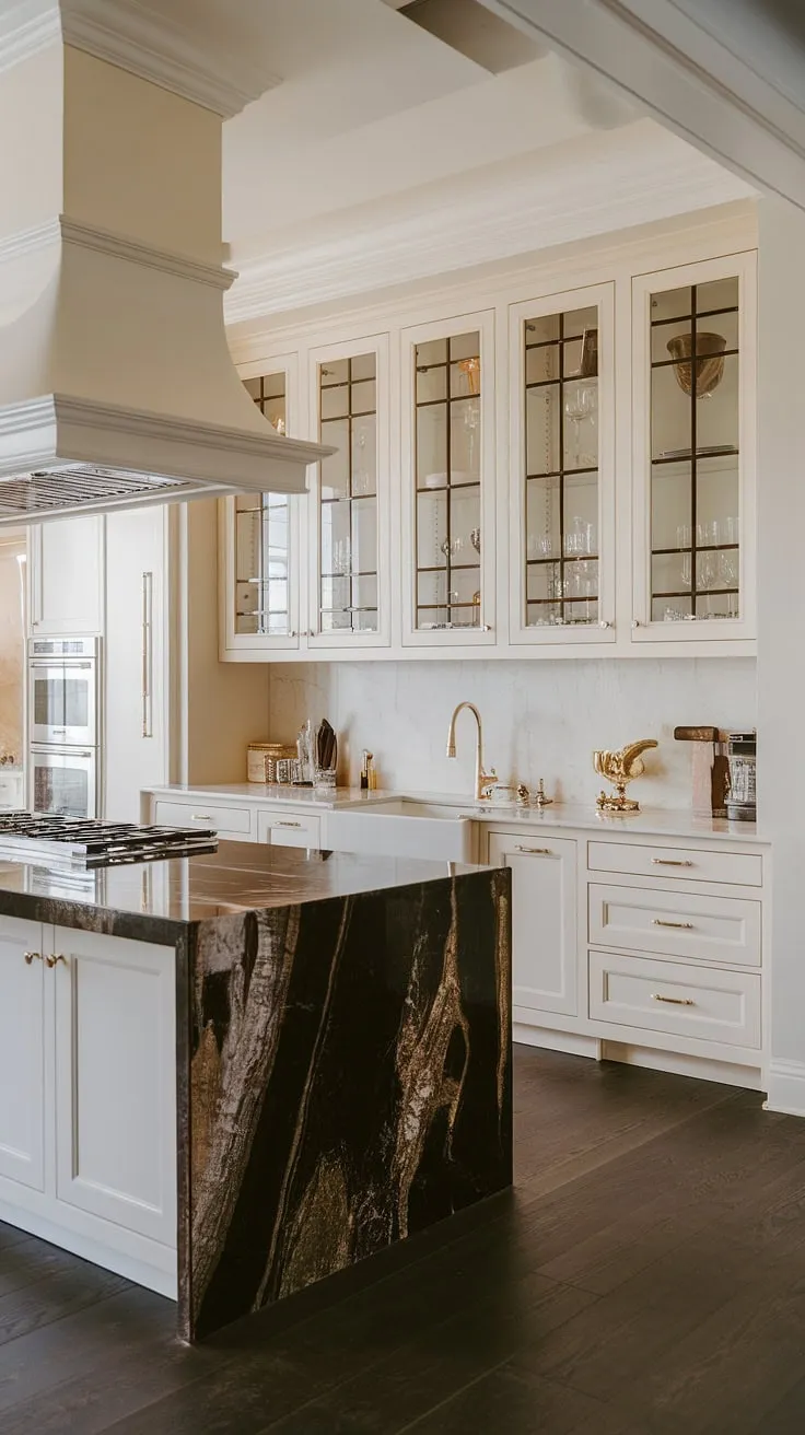 The epitome of modern luxury: This elegant kitchen design showcases the finest in contemporary cabinetry and interiors.  A space where luxury kitchens meet sophisticated style.