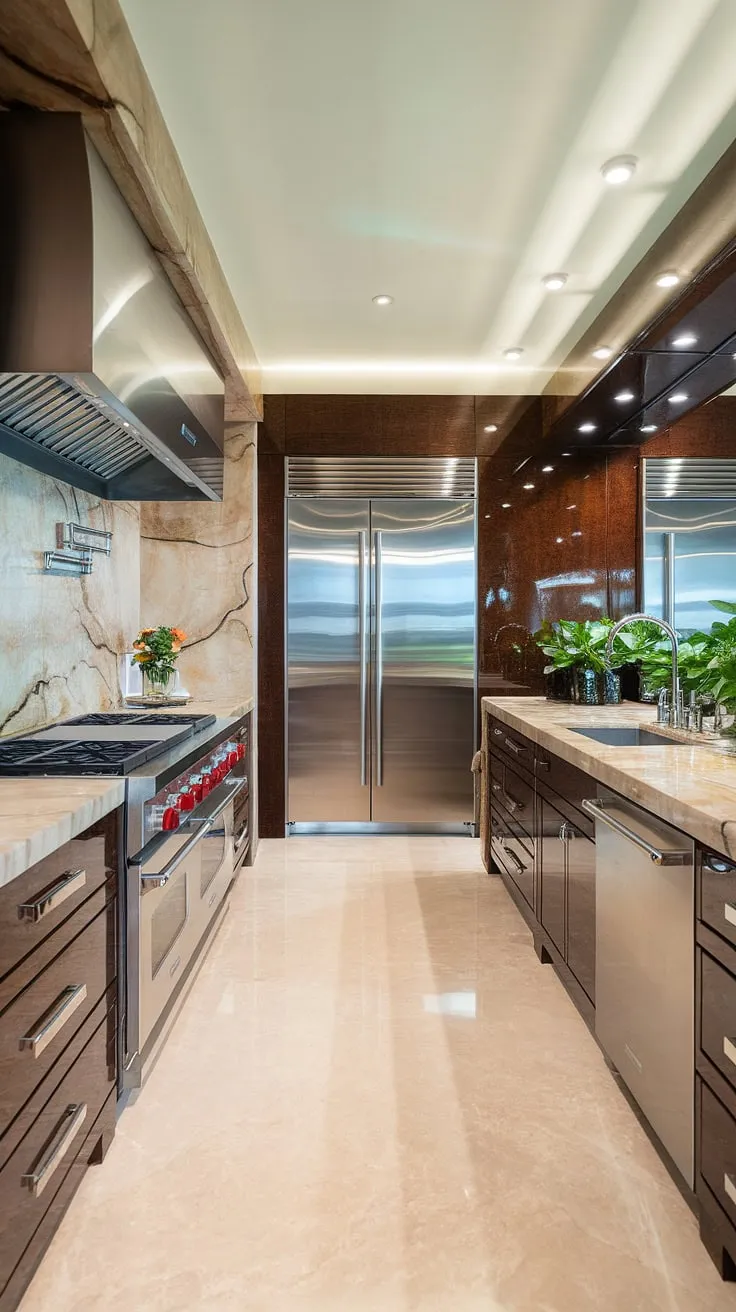 This elegant kitchen design showcases the epitome of modern luxury kitchen living.  The modern kitchen cabinetry design and contemporary features create a space of unparalleled sophistication within these luxury kitchens.