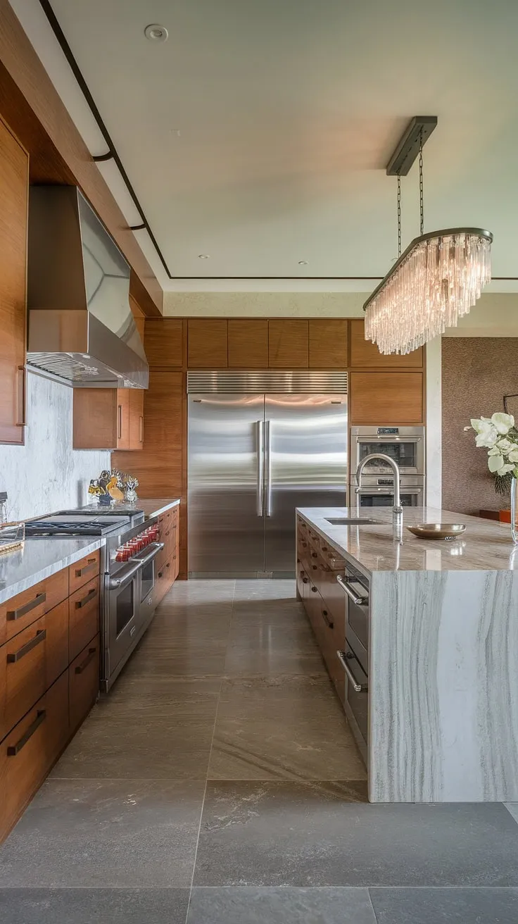 This elegant kitchen design showcases the epitome of modern luxury kitchen living.  The modern kitchen cabinetry design and contemporary features create a space of unparalleled sophistication within these luxury kitchens.