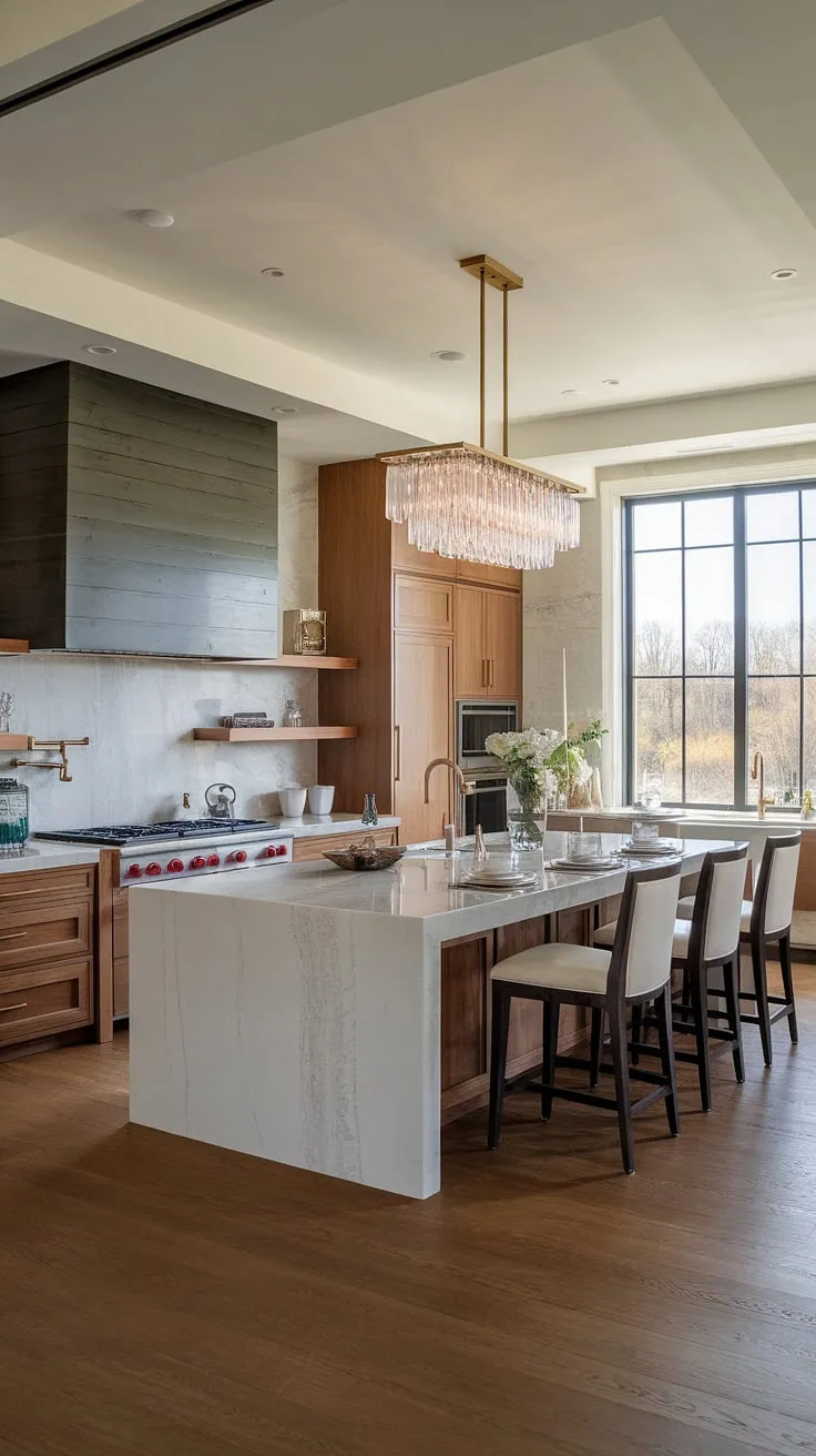 This modern luxury kitchen is a masterpiece of contemporary design.  The elegant kitchen design is highlighted by sleek modern kitchen cabinetry design, a stunning marble island with seating, and breathtaking views.  Experience the ultimate in luxury kitchens and modern kitchen interiors in this light-filled space.