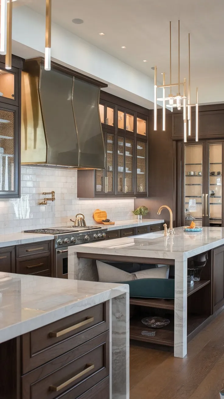 This elegant kitchen design showcases the epitome of modern luxury kitchen living.  The modern kitchen cabinetry design and contemporary features create a space of unparalleled sophistication within these luxury kitchens.