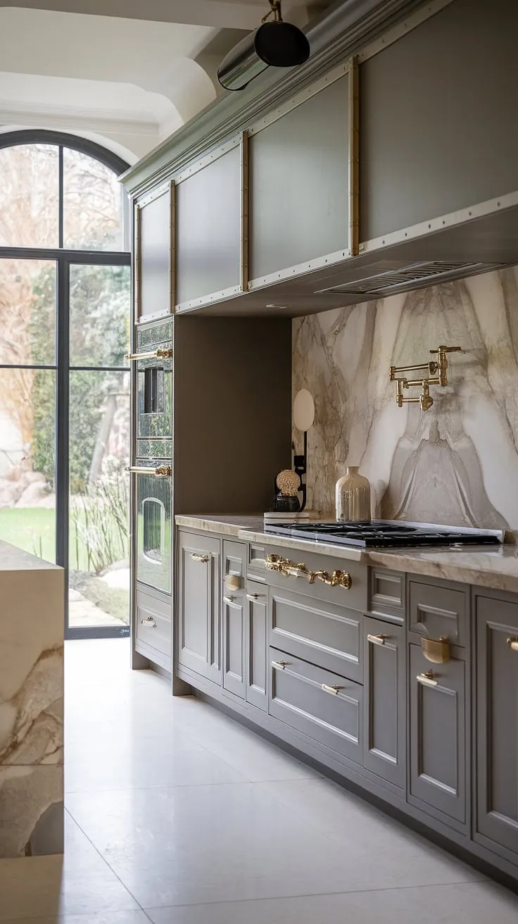This modern luxury kitchen is a testament to elegant kitchen design.  The luxury kitchens aesthetic is achieved through the exquisite modern kitchen cabinetry design, luxurious marble, and brass accents, creating a space where culinary artistry meets modern luxury.