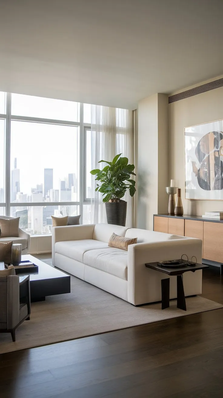 Soaring ceilings and breathtaking city views define this penthouse living room, a testament to luxury contemporary living.  The epitome of luxury homes interior, this space embodies the refined elegance sought in luxury apartments and luxury house plans.