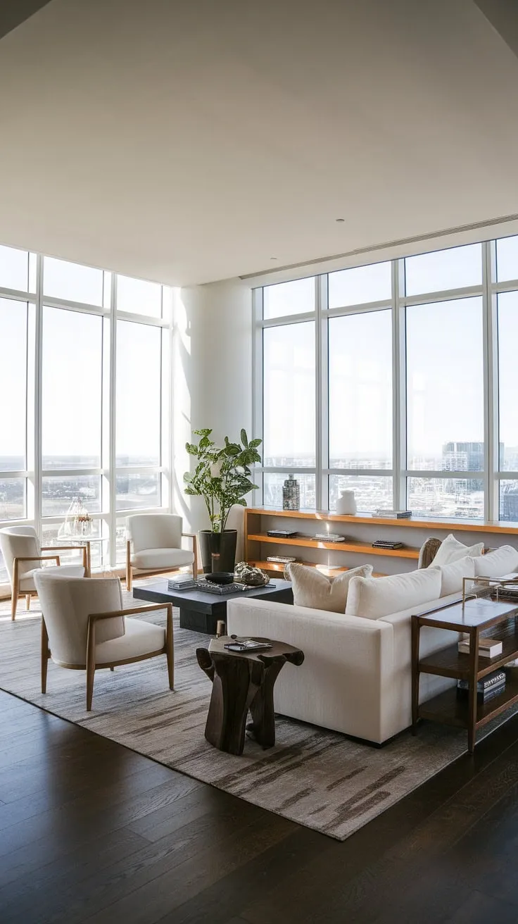 Experience the epitome of penthouse living in this luxury contemporary living room.  The sophisticated design and unparalleled views are hallmarks of luxury homes interior, reflecting the finest in luxury apartments and luxury house plans.