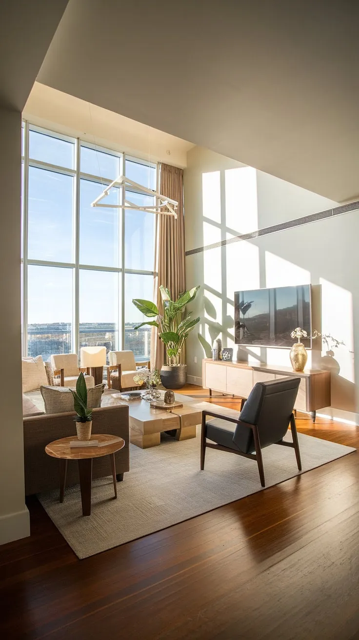 Experience unparalleled luxury in this breathtaking penthouse living room.  The epitome of contemporary design, this space reflects the meticulous craftsmanship and refined aesthetics found within our luxury homes interior, luxury apartments, and exclusive luxury house plans.