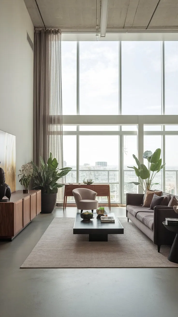 Experience the height of luxury in this penthouse living room.  Clean lines, a neutral palette, and panoramic city vistas create a haven of modern elegance. This luxury homes interior exemplifies the best in luxury apartments and is a testament to the thoughtful design found in luxury house plans.