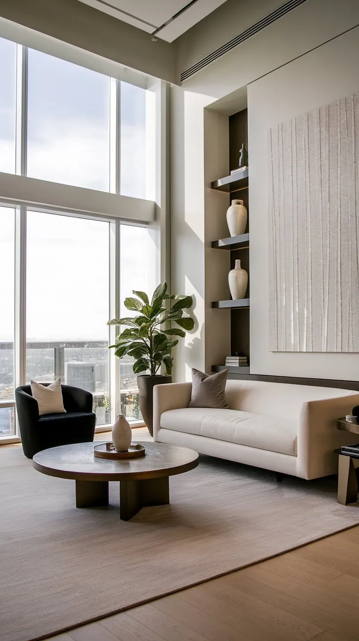 Experience unparalleled luxury in this breathtaking penthouse living room.  The epitome of contemporary design, this space reflects the meticulous craftsmanship and refined aesthetics found within our luxury apartments and luxury house plans, defining the ultimate in luxury homes interior.