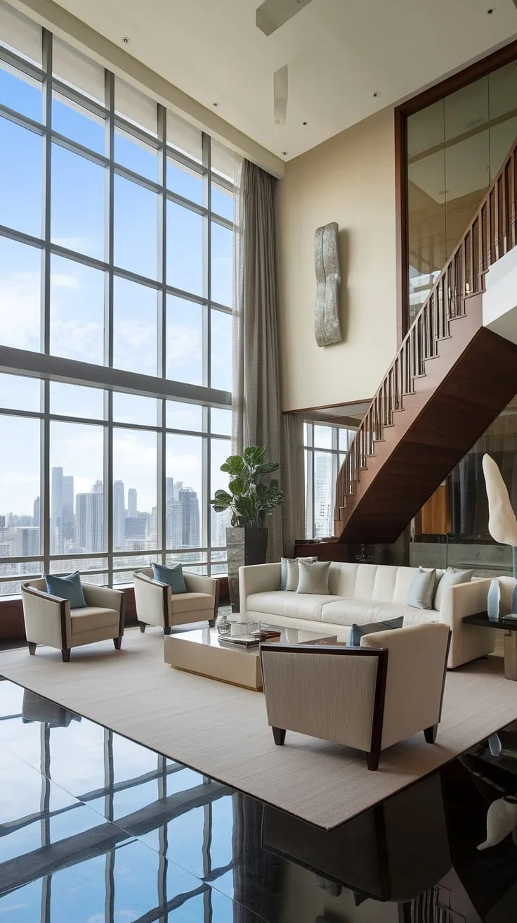 Experience the height of luxury in this penthouse living room.  Clean lines, expansive windows, and a sophisticated color palette create a truly exceptional luxury contemporary living room.  This is more than just an apartment; it's a statement of refined taste, reflecting the best in luxury homes interior and luxury house plans.