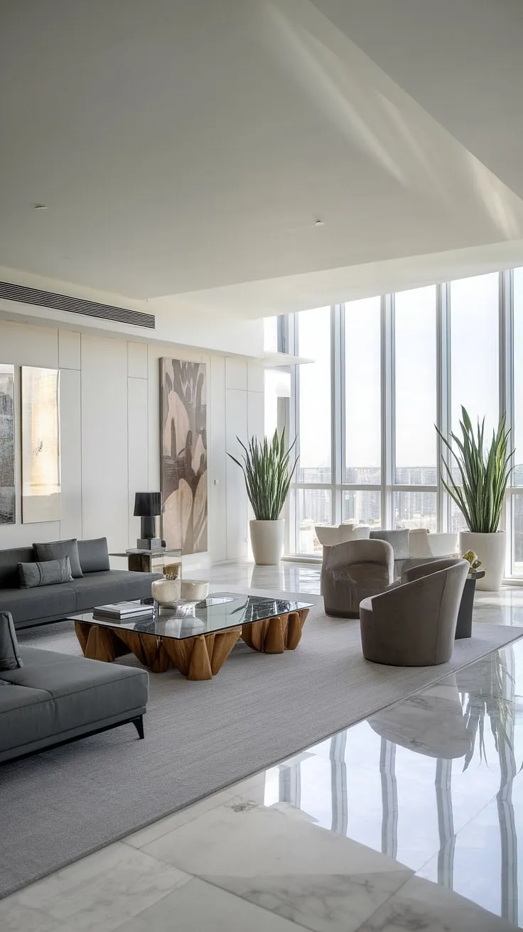 Experience the epitome of penthouse living in this luxury contemporary living room.  The sophisticated design and unparalleled views are hallmarks of luxury homes interior, reflecting the finest in luxury apartments and luxury house plans.