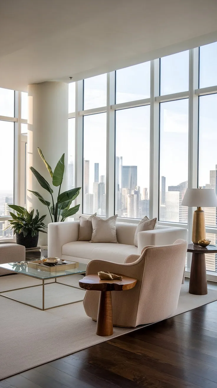 Experience the height of luxury in this penthouse living room.  The sophisticated design of this luxury contemporary living room, complete with stunning city views, is the ultimate expression of luxury apartments and luxury homes interior.  A testament to exceptional luxury house plans.