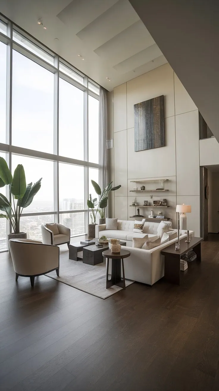 Experience the height of sophistication in this penthouse living room.  Clean lines and natural light create a serene atmosphere within this luxury contemporary living room, a true reflection of refined luxury homes interior.  This space embodies the essence of luxury apartments and sets a new standard for luxury house plans.