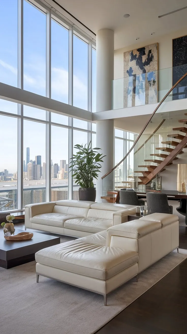 Indulge in the epitome of penthouse living. This luxury contemporary living room, showcasing the finest in luxury homes interior design, exemplifies the height of sophistication found in our luxury apartments and luxury house plans.