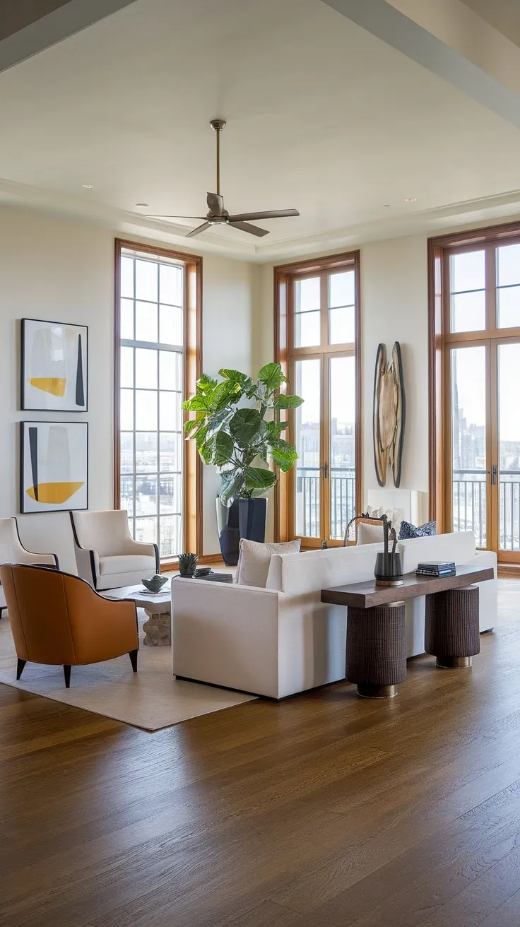 Experience the pinnacle of urban living in this stunning penthouse living room.  The seamless blend of modern art, comfortable seating, and panoramic city views defines luxury contemporary living room design. This space, a showcase of luxury homes interior, exemplifies the best in luxury apartments and offers inspiration for discerning individuals considering luxury house plans.
