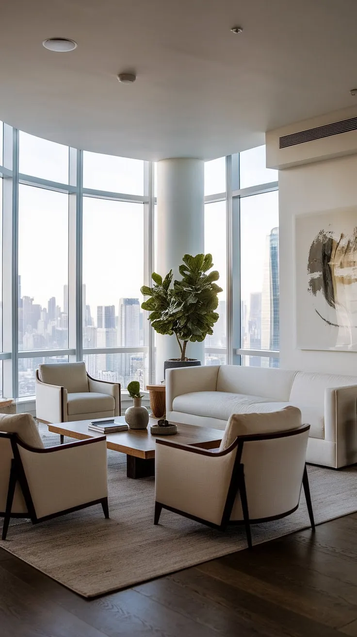 Experience the epitome of penthouse living in this luxury contemporary living room.  The sophisticated design and unparalleled views are hallmarks of luxury homes interior, reflecting the finest in luxury apartments and luxury house plans.