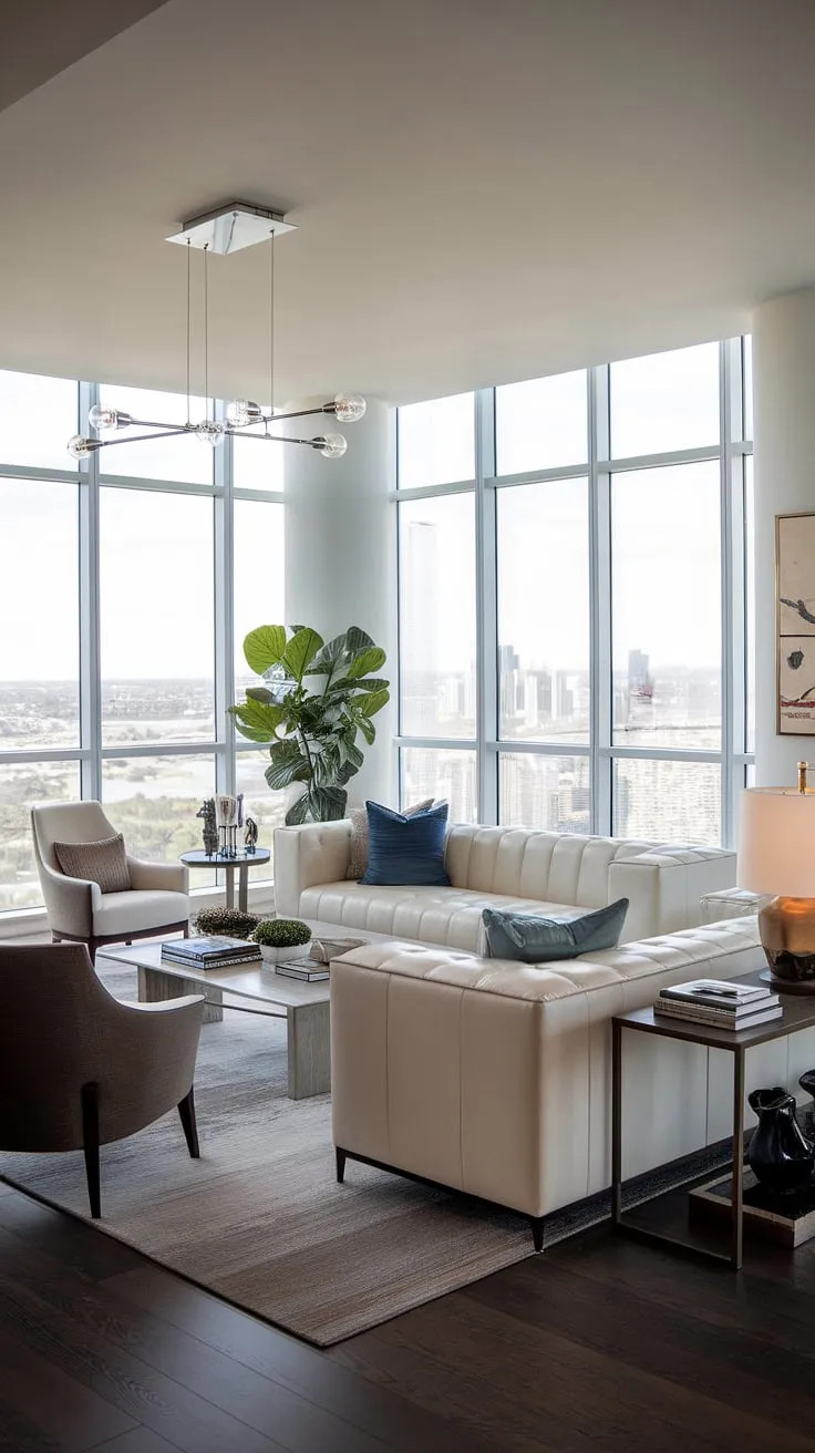 Experience the height of luxury in this penthouse living room.  Floor-to-ceiling windows frame breathtaking cityscapes, complementing the sleek lines and refined details of this luxury contemporary living room.  A testament to exceptional luxury homes interior design, this space embodies the aspirational lifestyle of luxury apartments and sets a new standard for luxury house plans.