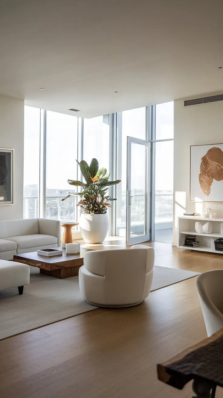 Experience the epitome of penthouse living in this luxury contemporary living room.  The sophisticated design and unparalleled views are hallmarks of luxury homes interior, reflecting the finest in luxury apartments and luxury house plans.