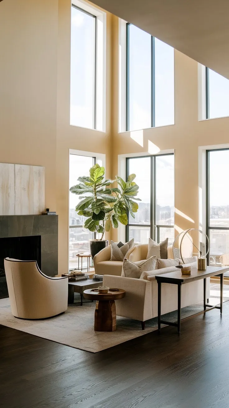 Experience unparalleled luxury in this breathtaking penthouse living room.  The epitome of contemporary design, this space reflects the meticulous craftsmanship and refined aesthetics found within our luxury homes interior, luxury apartments, and exclusive luxury house plans.