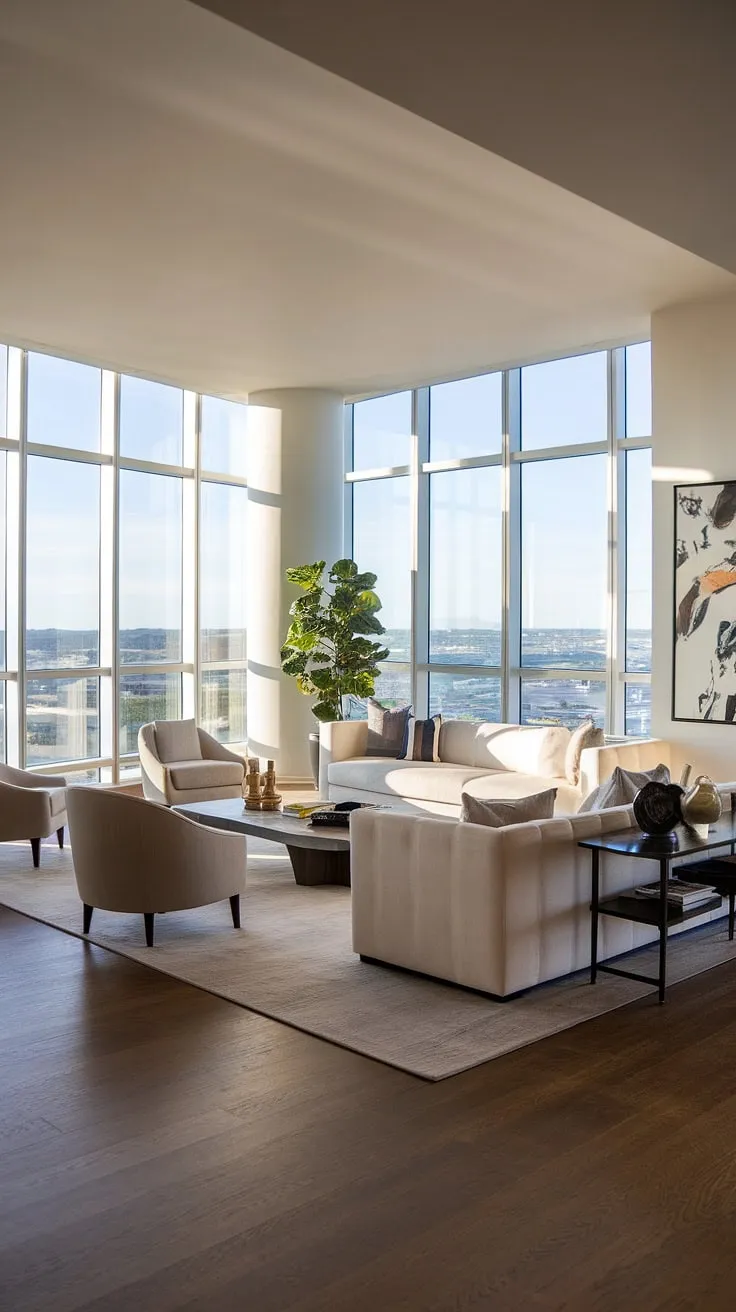 Indulge in the epitome of penthouse living. This luxury contemporary living room, showcasing the finest in luxury homes interior design, exemplifies the sophisticated lifestyle offered by our luxury apartments and luxury house plans.
