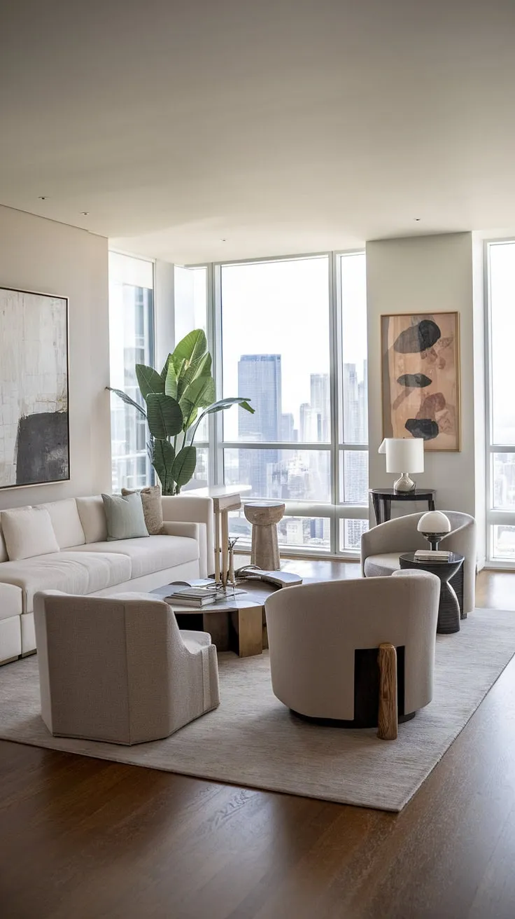 Experience the height of luxury in this penthouse living room.  The spacious layout and breathtaking city panorama exemplify the best in luxury homes interior design.  This is more than just an apartment; it's a statement of refined taste, perfect for those seeking luxury apartments and inspiration for their luxury house plans.