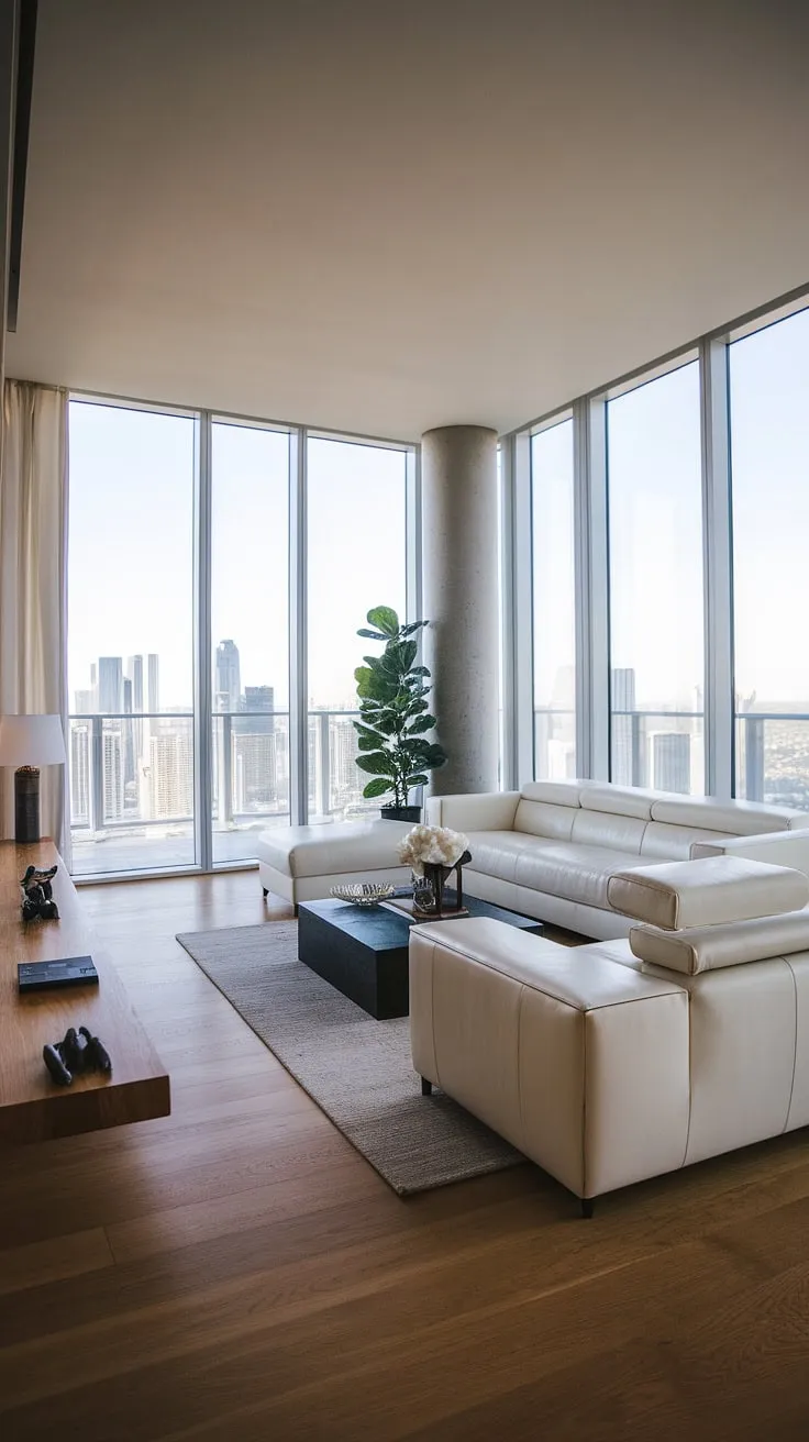 Experience unparalleled luxury in this breathtaking penthouse living room.  The epitome of contemporary design, this space reflects the meticulous craftsmanship and refined aesthetics found within our luxury homes interior, luxury apartments, and exclusive luxury house plans.