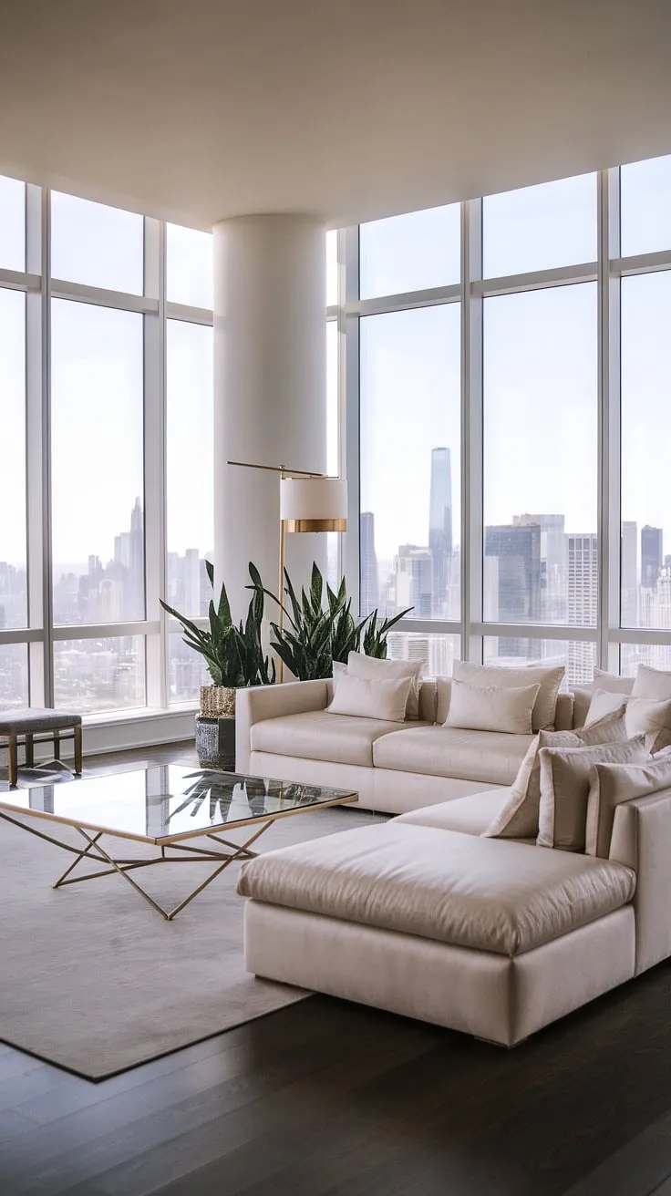 Experience the height of luxury in this penthouse living room. Floor-to-ceiling windows frame breathtaking city panoramas, complementing the sleek lines of this luxury contemporary living room.  A perfect example of luxury apartments and a dream realized in luxury homes interior design, this space sets a new standard for luxury house plans.