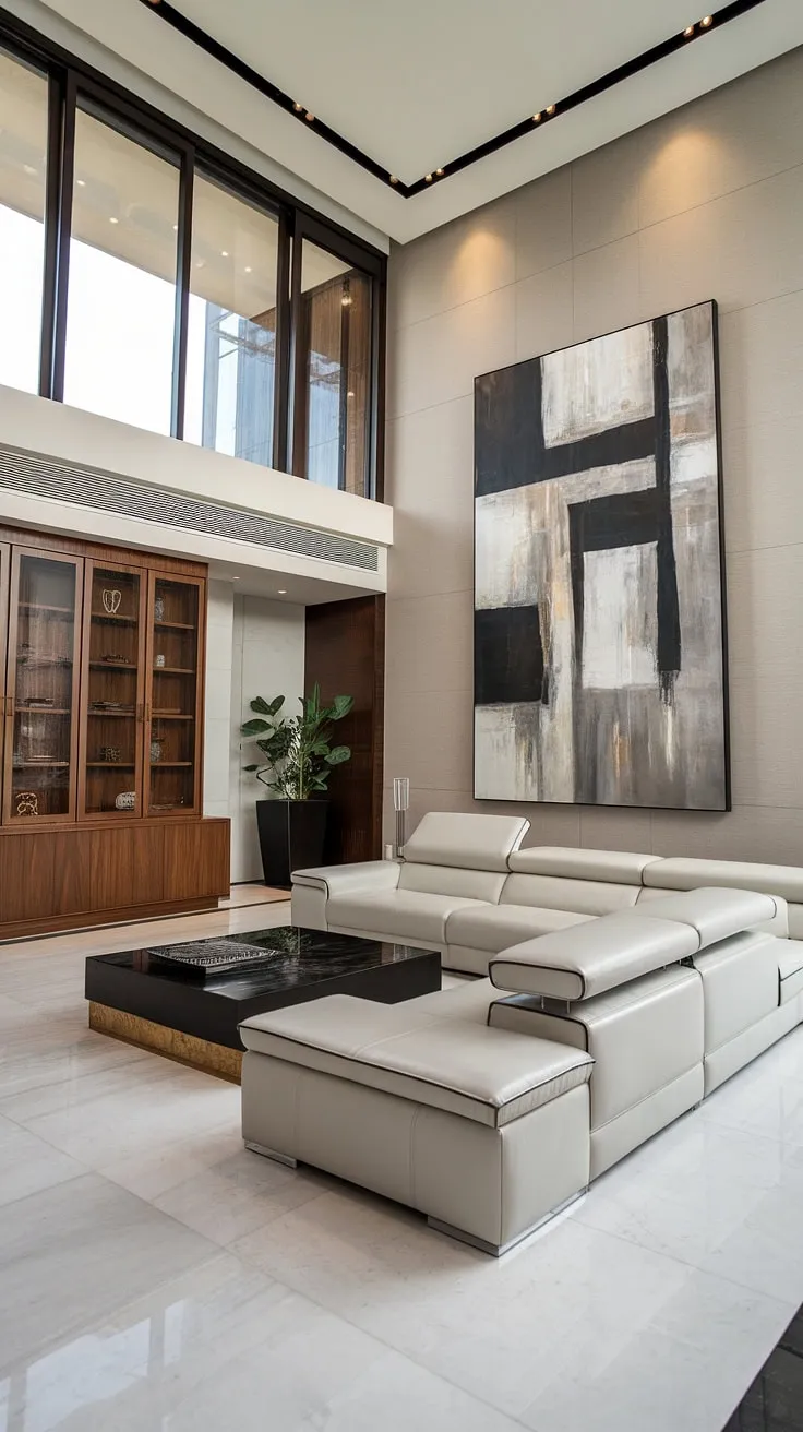 Experience the height of luxury in this penthouse living room.  Clean lines, a minimalist aesthetic, and premium materials create a truly exceptional space. This luxury contemporary living room is a testament to the artistry of luxury homes interior design, setting a new standard for luxury apartments and luxury house plans.