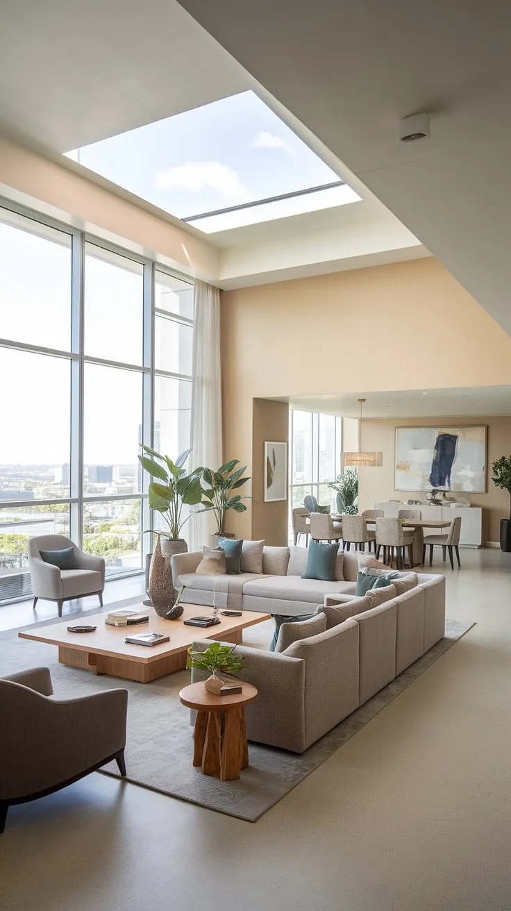 Experience the epitome of penthouse living in this luxury contemporary living room.  The sophisticated design and unparalleled views are hallmarks of luxury homes interior, reflecting the finest in luxury apartments and luxury house plans.