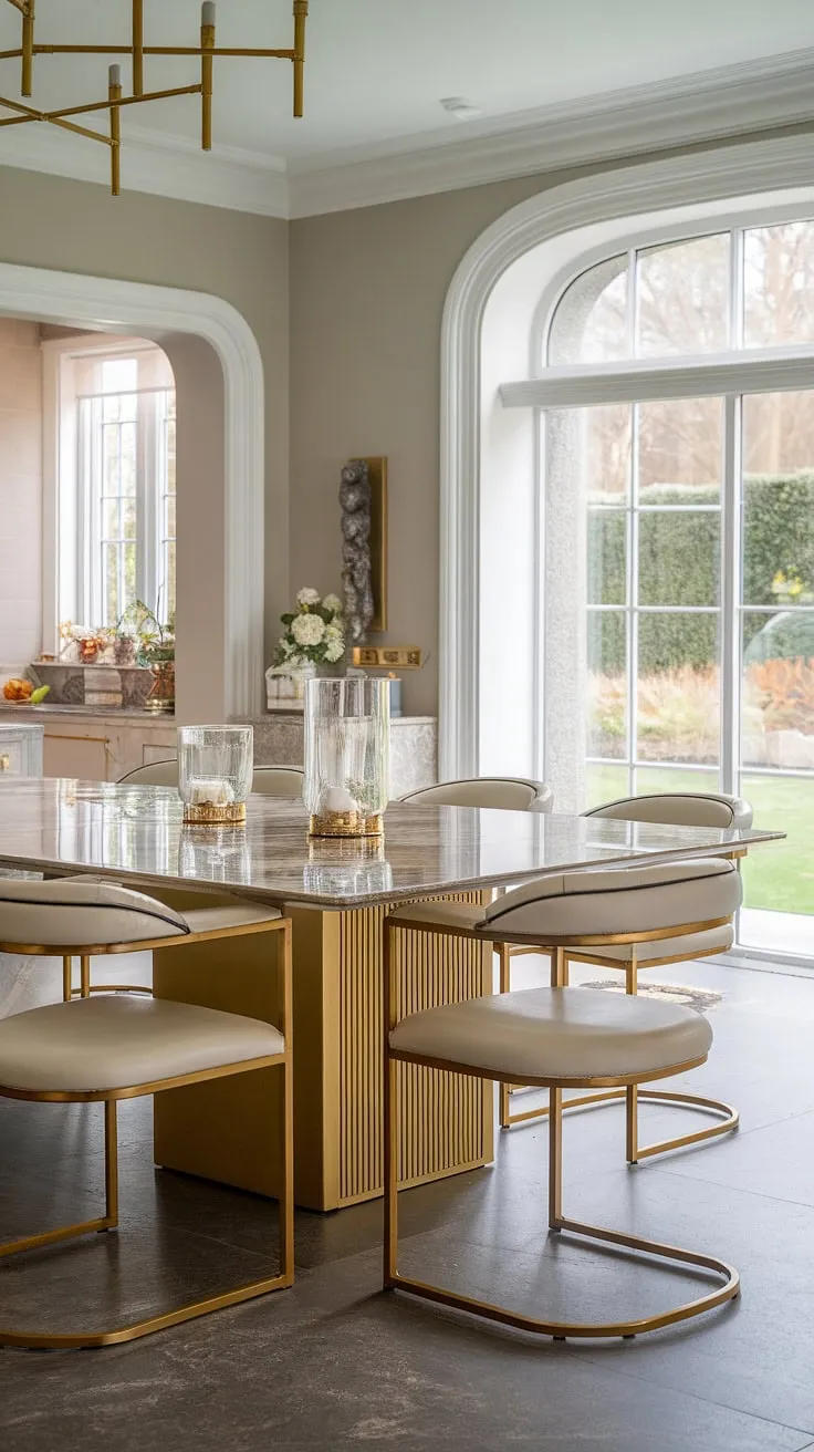 A symphony of sophistication. The cool grey walls and dark grey tiled floor provide a striking backdrop for the opulent marble dining table and its gilded base. Surrounded by luxurious white leather and gold-framed chairs, this A-class dining area offers a refined setting for unforgettable moments, enhanced by the natural light and garden view.