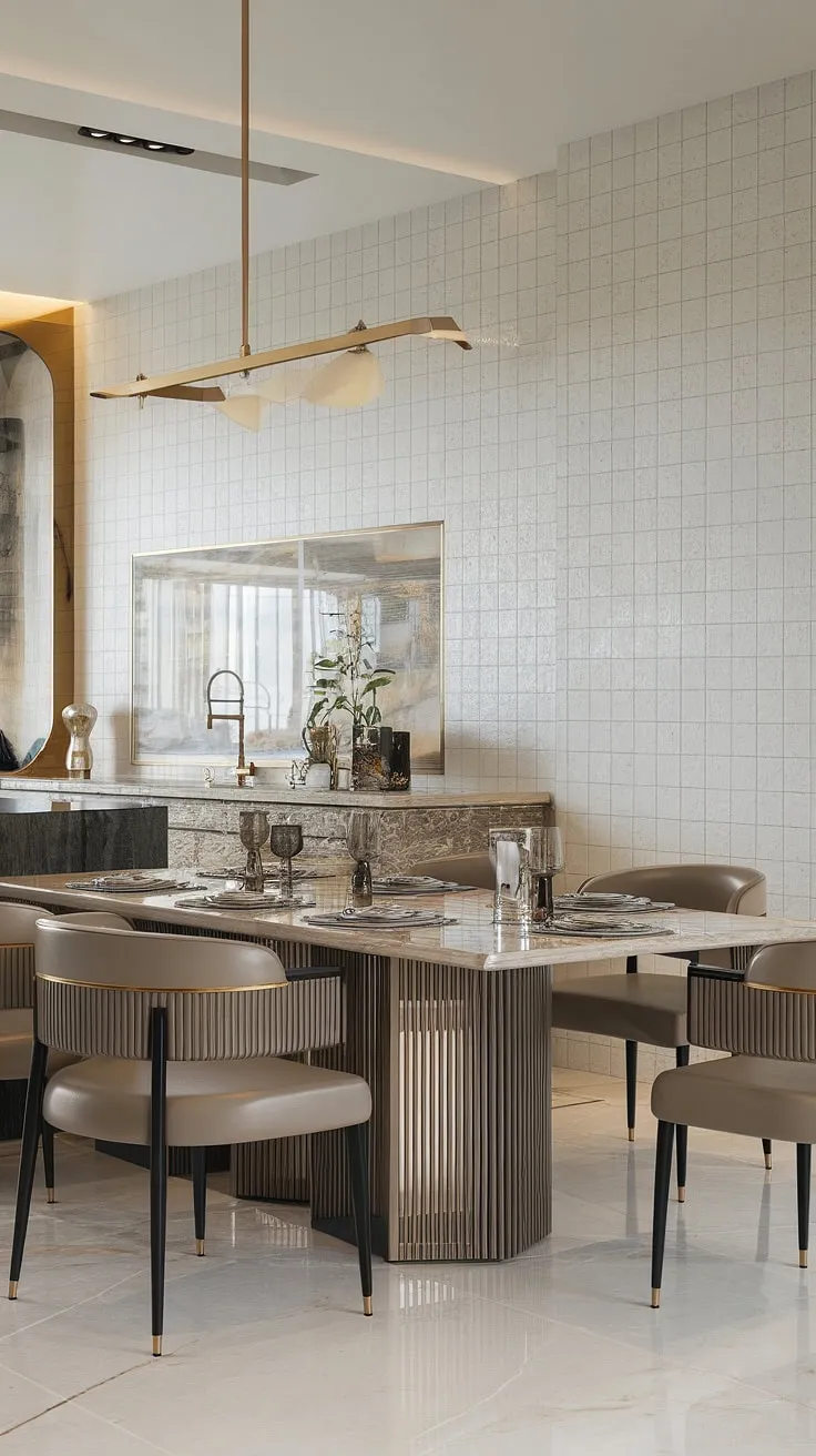 A breathtaking kitchen transformation. The centerpiece, a stunning marble dining table with gold-accented chairs, elevates this space to a new level of luxury. A perfect blend of modern design and timeless sophistication, ideal for A memorable dining experience.