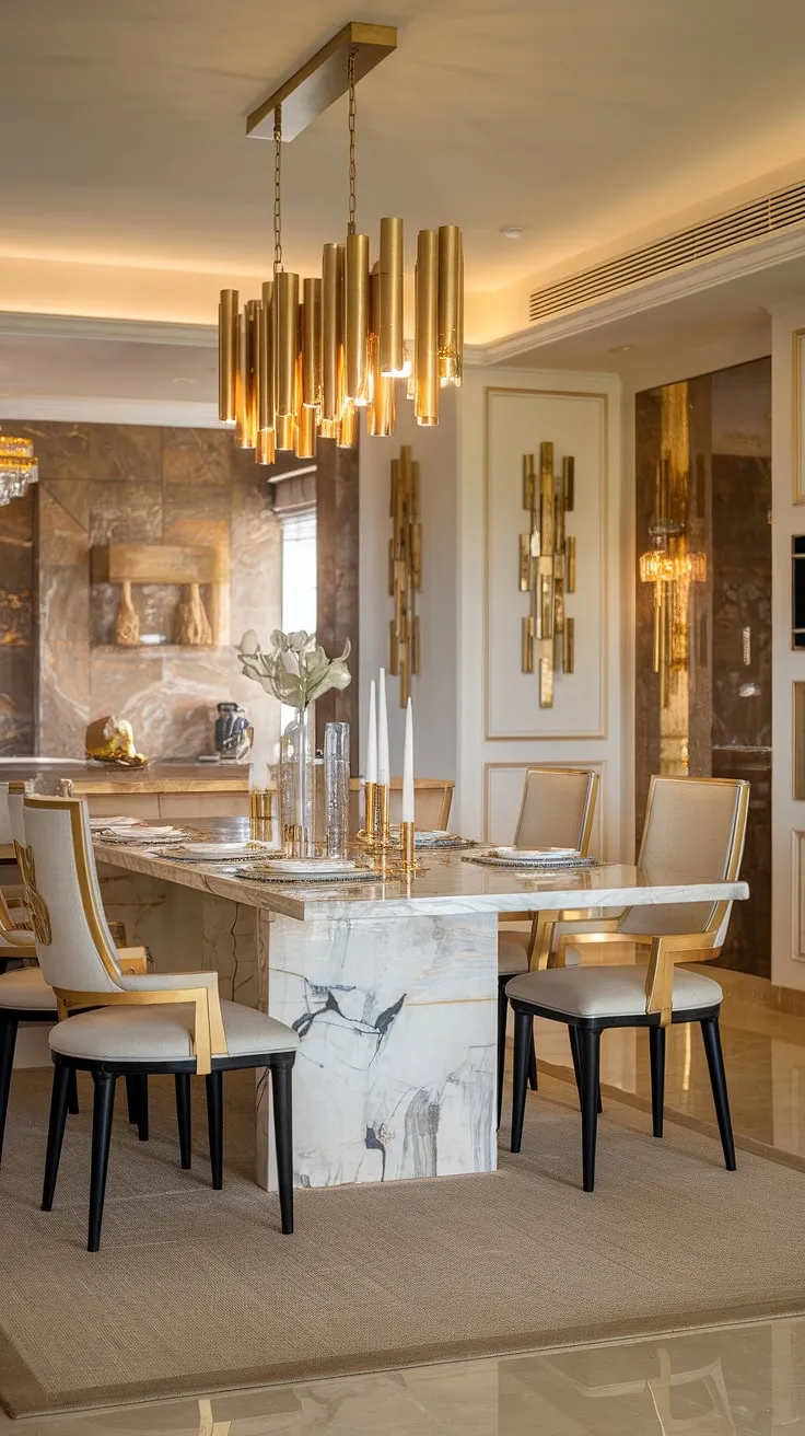 Indulge in the opulent ambiance of this modern kitchen, where a gleaming marble dining table takes center stage, surrounded by luxurious gold-accented chairs. The warm lighting and exquisite gold detailing create an atmosphere of refined elegance, perfect for unforgettable gatherings. A testament to sophisticated living.