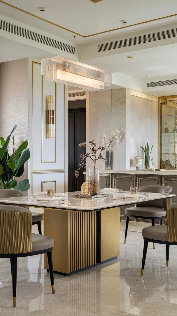 This breathtaking kitchen and dining area is the epitome of sophisticated living. The centerpiece, a magnificent marble dining table with a gold base, is surrounded by equally luxurious seating, all complemented by the rich gold accents and gleaming marble floors. A carefully curated selection of plants adds a touch of organic beauty to this stunning space.