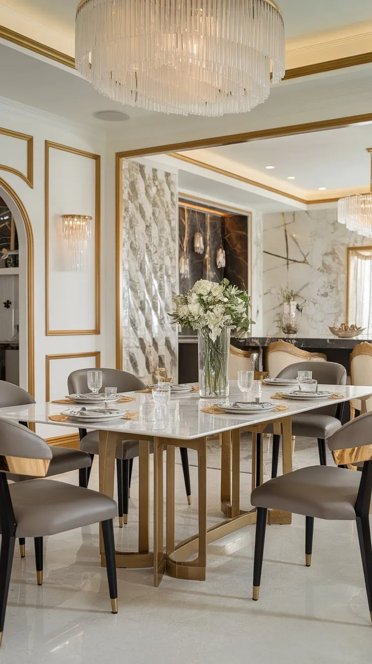 A breathtaking marble dining table, its gold legs gleaming under the chandelier's light, anchors this luxurious kitchen. Surrounded by elegant chairs with gold accents, it's the perfect setting for sophisticated dining and memorable moments.