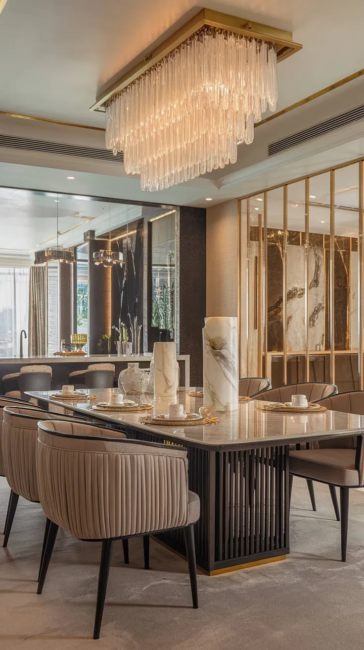 A breathtaking dining room where luxury meets modern design. The stunning marble table, adorned with exquisite marble decor, takes center stage, surrounded by plush seating. A statement chandelier and subtle gold accents complete the opulent ambiance. A cleverly designed counter subtly separates the dining area from the kitchen, maintaining a sense of refined privacy. A space designed for unforgettable moments.