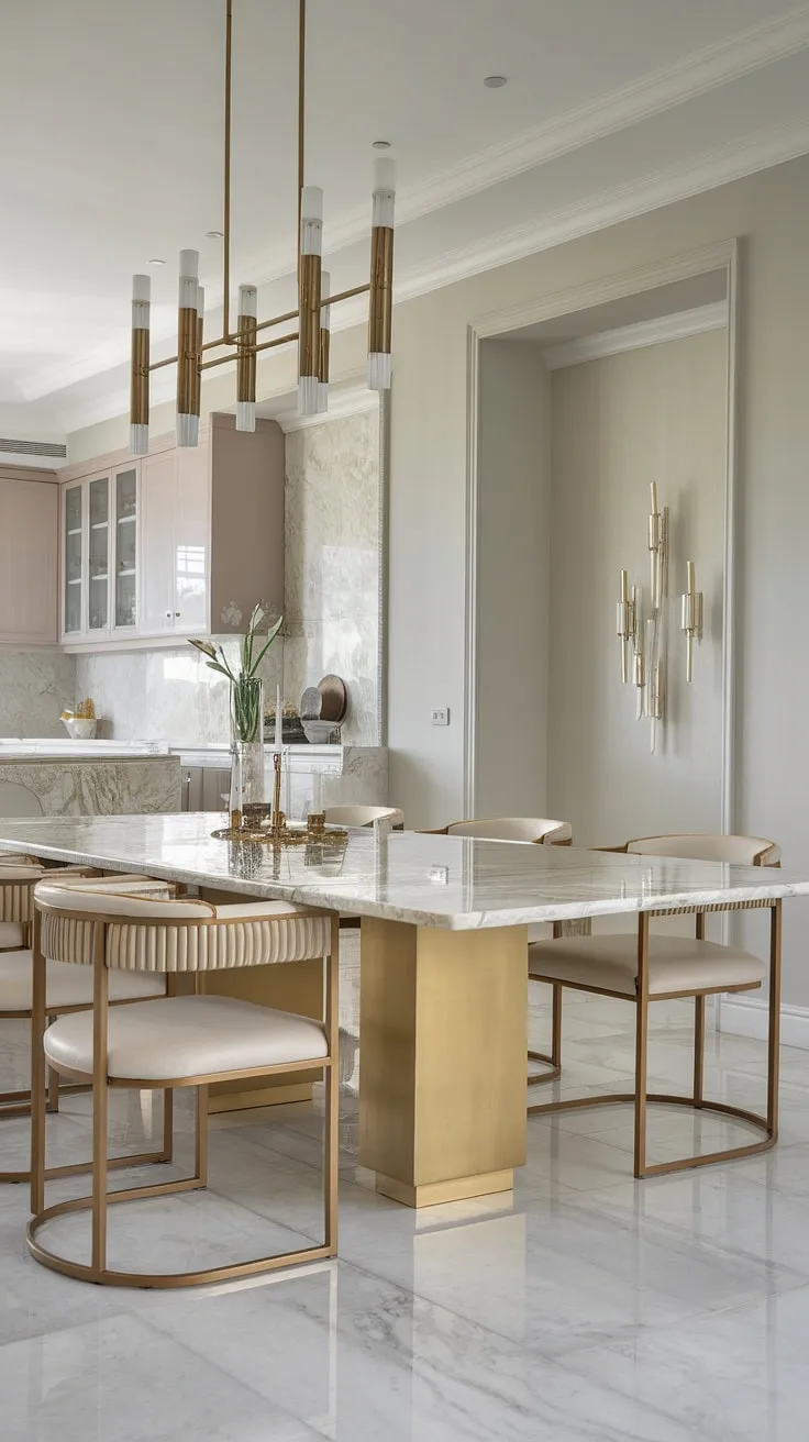 Indulge in effortless elegance. This modern dining space, with its gleaming marble table and gold accents, sets the stage for unforgettable moments. The spacious kitchen and luxurious seating create an atmosphere of refined comfort.