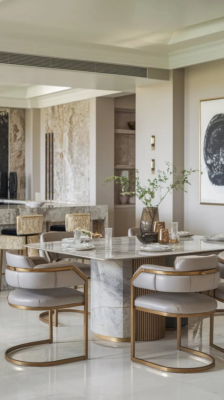 Indulge in effortless elegance. This modern dining space, with its cool marble table and luxurious gold-accented chairs, is the perfect setting for unforgettable moments. The spacious kitchen, also featuring marble countertops, seamlessly blends sophistication and functionality. A testament to refined living.