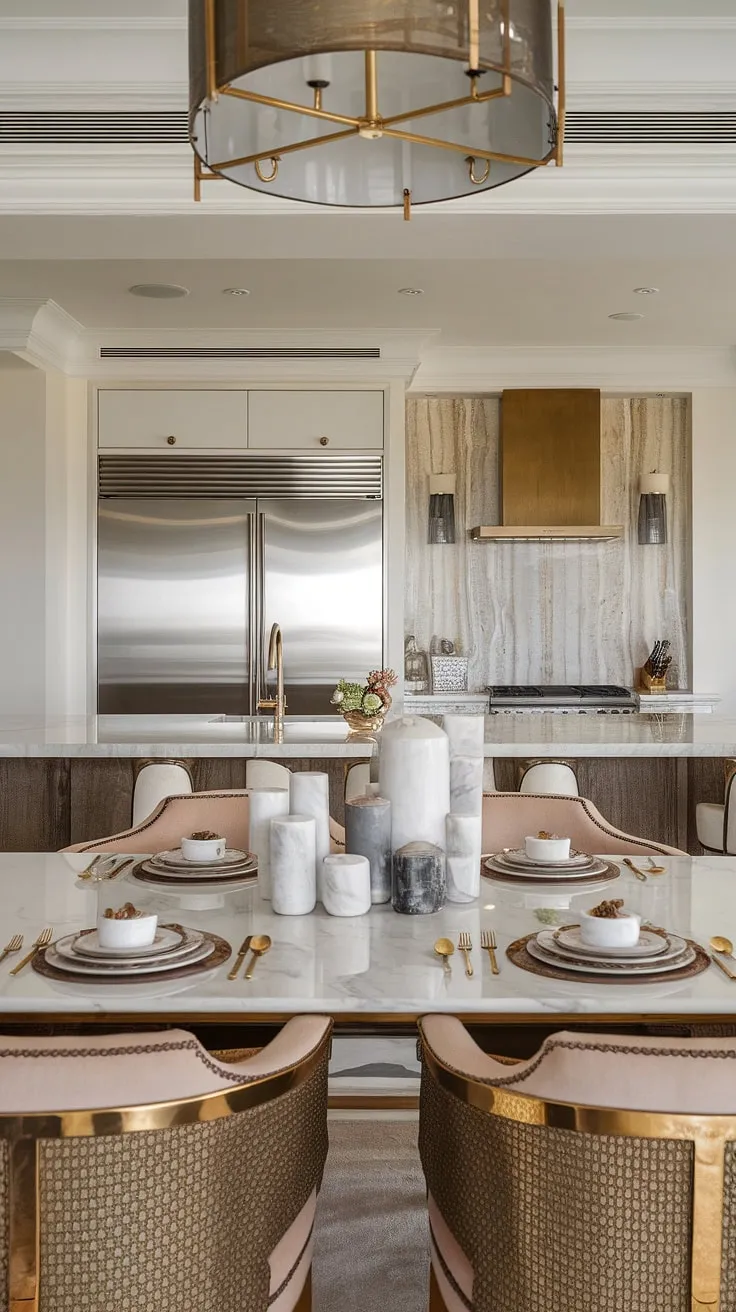 Indulge in the elegance of this modern kitchen, where a sleek marble dining table, adorned with exquisite marble accents, takes center stage. Gold-accented chairs and a shimmering lampshade complete the luxurious ambiance. A testament to sophisticated design.