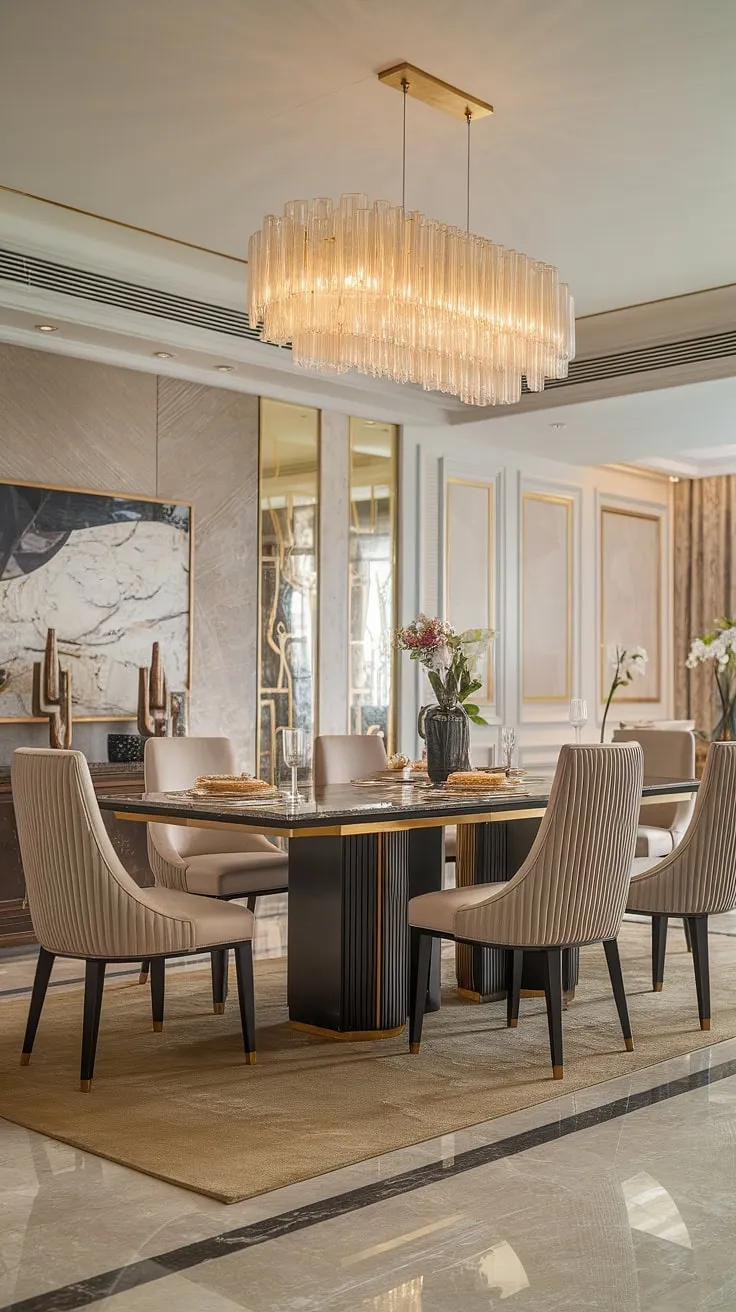 A symphony of gold and marble, this dining room is a masterpiece of modern luxury. The exquisite details, from the shimmering chandelier to the plush seating, create an unforgettable dining experience, a space where elegance meets comfort. A truly breathtaking setting.