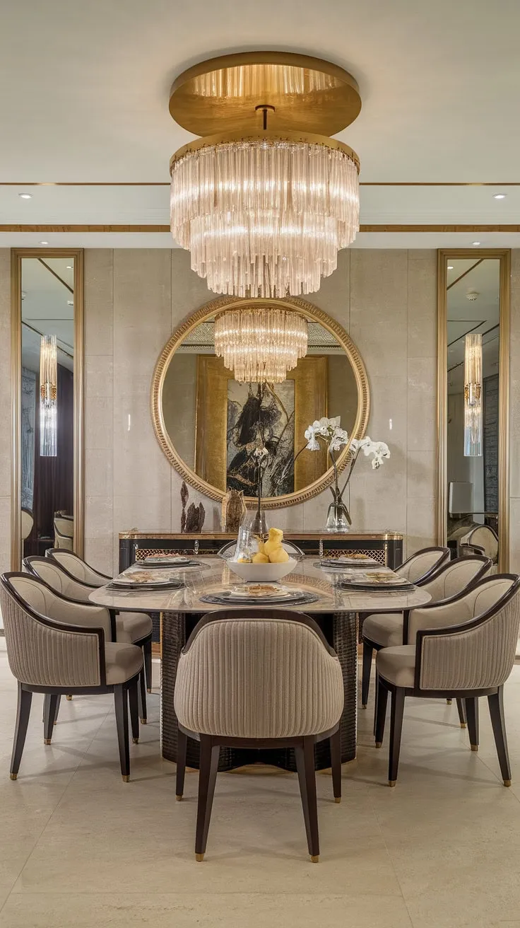 Indulge in the opulence of this dining room, where a shimmering gold chandelier illuminates a breathtaking marble table and luxurious, gold-accented chairs. The expansive gold mirror on the wall reflects the room's exquisite details, creating an atmosphere of unparalleled sophistication. A testament to refined taste and impeccable design.