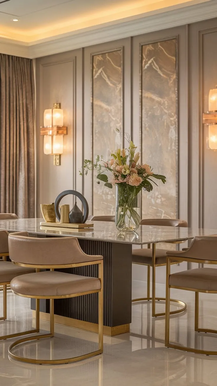 Indulge in the refined elegance of this dining room, where a stunning marble table takes center stage, adorned with a delicate floral arrangement and gleaming gold-accented chairs. The warm lighting and intricate wall paneling create an atmosphere of sophisticated comfort. A truly unforgettable setting for cherished moments.