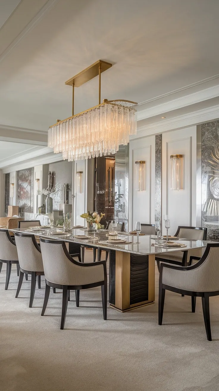 A symphony of sophistication unfolds in this modern dining space. The cool elegance of the marble table is perfectly complemented by the warm glow of the gold chandelier and the luxurious chairs, creating a harmonious balance. A testament to refined taste and impeccable design.