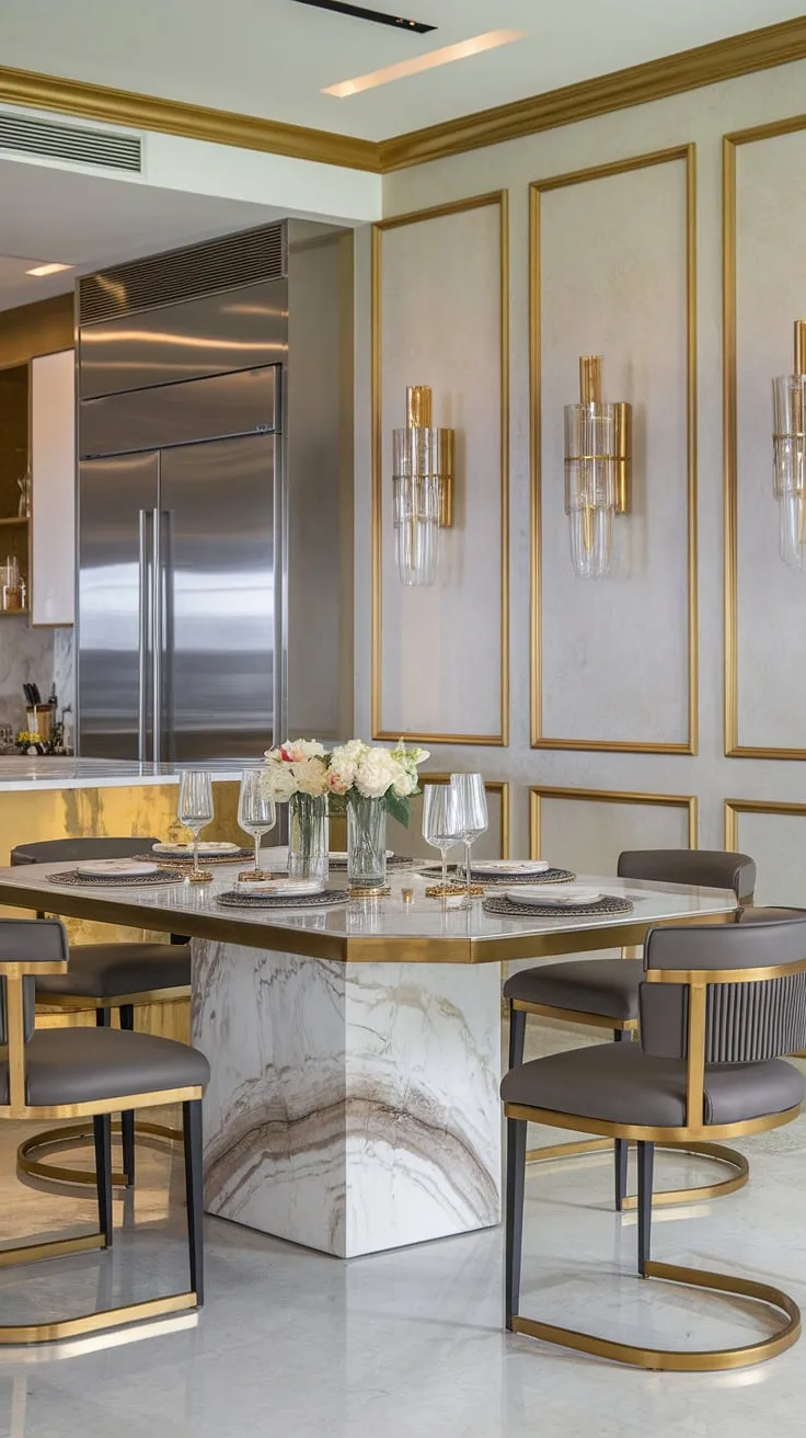 A symphony of grey and gold. This stunning dining space, featuring a breathtaking marble table and luxurious seating, is a haven for both intimate gatherings and grand celebrations. The subtle interplay of light and shadow, enhanced by the stainless steel appliances, creates an atmosphere of understated opulence. A space designed for unforgettable moments.