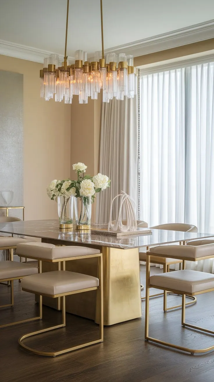 A breathtaking space where luxury meets modern design. The gleaming marble table, supported by a striking gold base, is the centerpiece of this exquisite dining room. Surrounded by opulent gold-framed chairs and bathed in the warm glow of a magnificent chandelier, it's A sanctuary for unforgettable moments.
