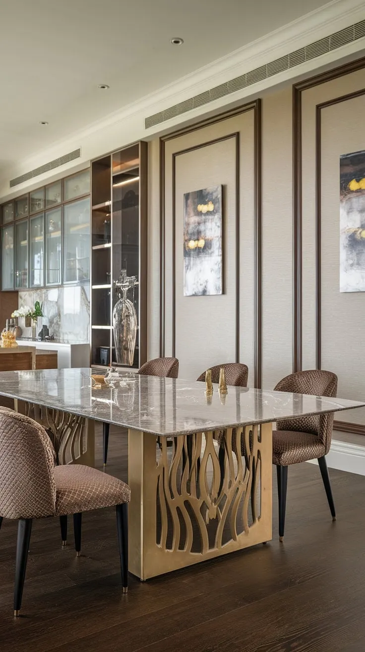 Indulge in effortless elegance. This modern marble dining table, with its gleaming gold legs, anchors a sophisticated kitchen, a testament to refined living. The rich dark wood floors and subtle beige walls complete the luxurious ambiance.