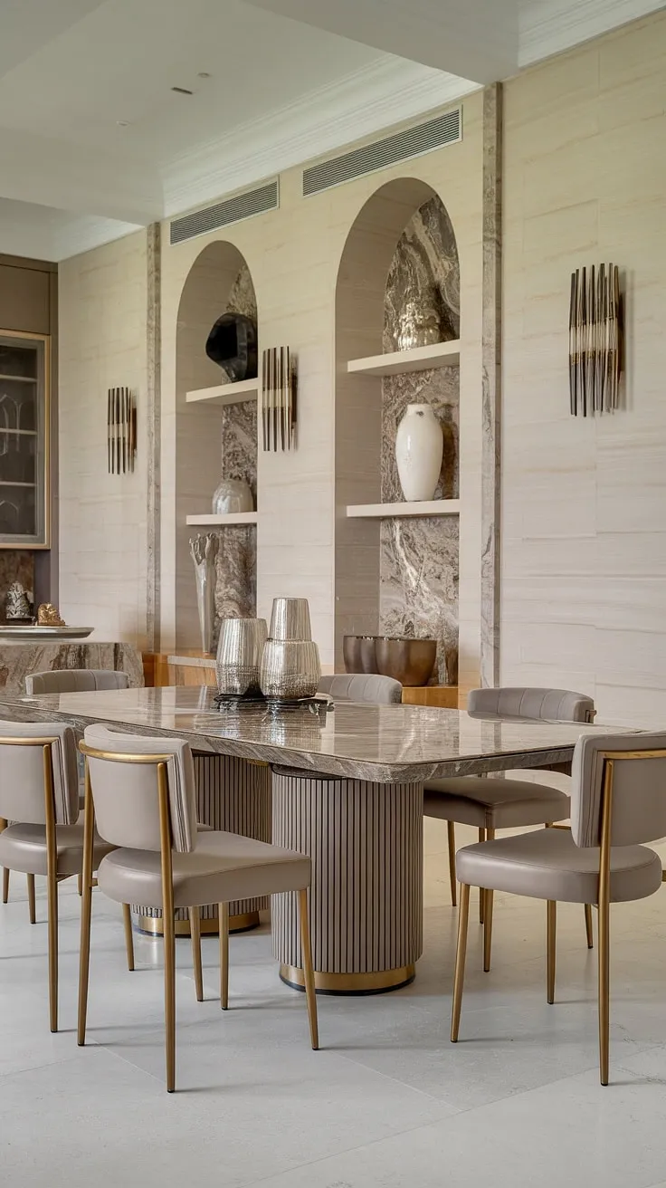 Indulge in effortless elegance. This modern dining space, with its gleaming marble table and gold-legged chairs, is the epitome of sophisticated luxury. A sanctuary for unforgettable moments.